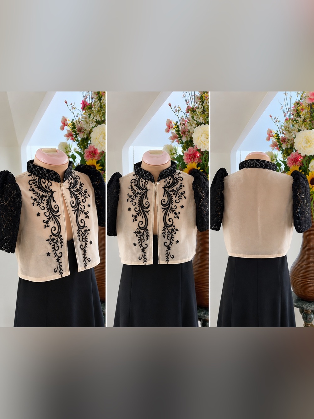 Filipiniana Girl Child Bolero Beige Cropped Bolero with Black Embroidered Detail